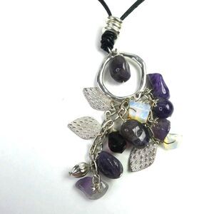 Dangle Pendant Amethyst Leaf Beaded Black Cord Necklace Statement Moonstone
